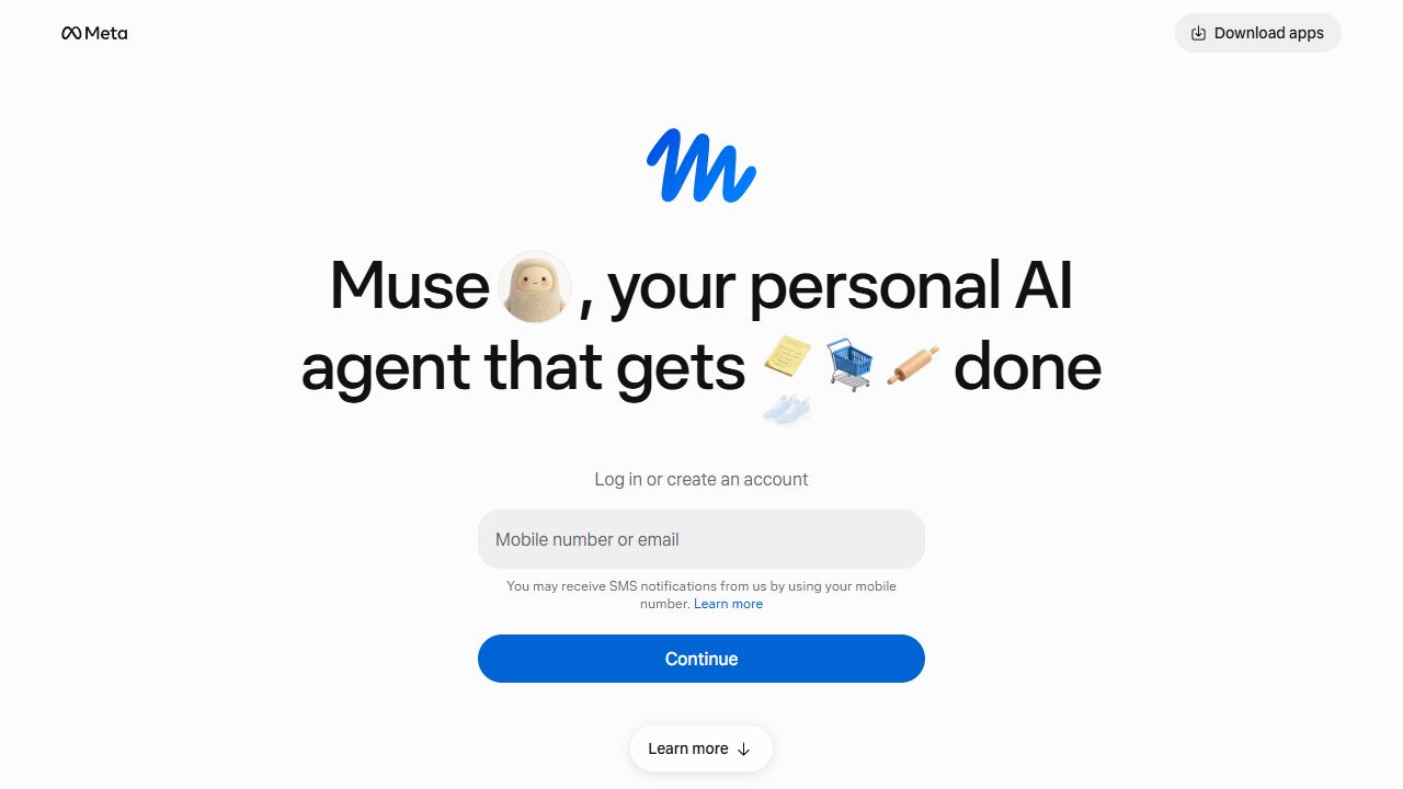 Muse homepage with Meta branding, a personal AI agent headline and mobile number or email sign-in