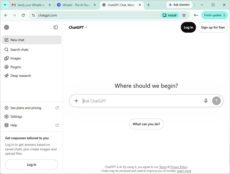 ChatGPT home screen showing the chat input, sidebar navigation and account options