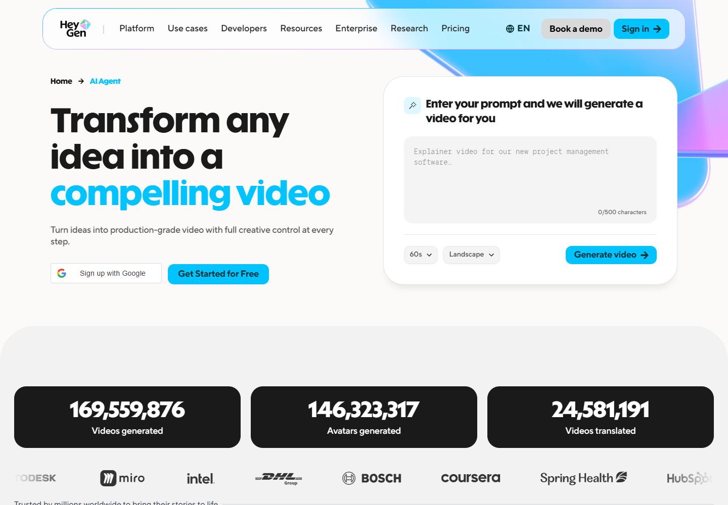 HeyGen Video Agent page showing the prompt field, duration and landscape controls for generating a video