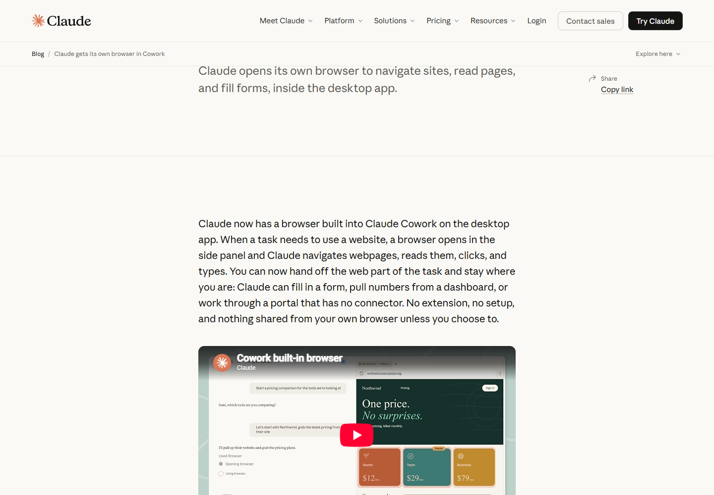 Anthropic's Cowork announcement showing a supplier comparison beside the built-in browser