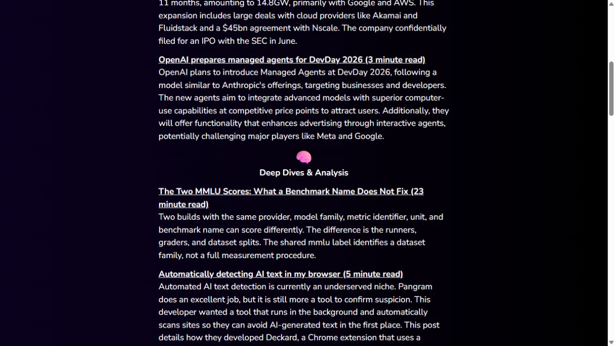 TLDR AI edition showing linked technical articles, short summaries and estimated reading times