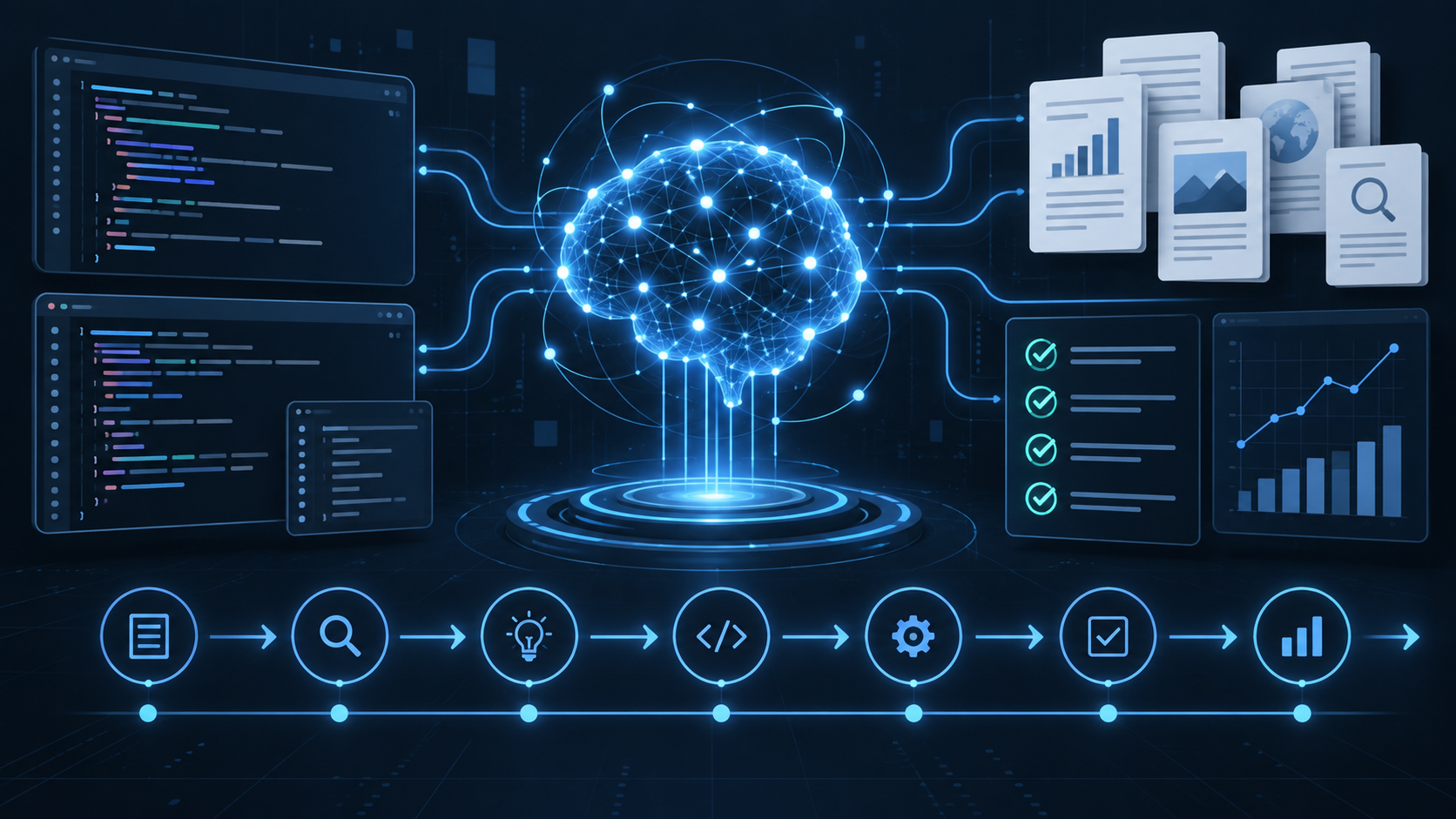 Conceptual illustration of code, research documents and a multi-step workflow connected through an AI reasoning system